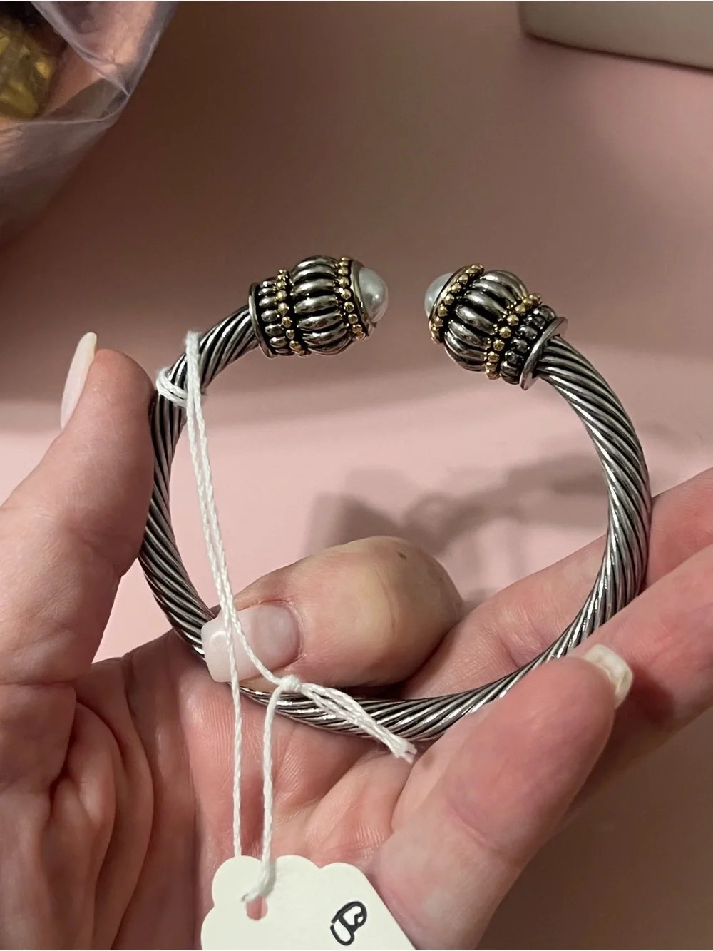MKM Designs Silver-Tone Twisted Cable Cuff with Gold Accents and Pearl Ends